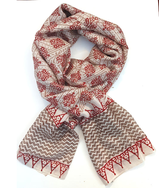 Blockprinted Silk Scarf - Red/Tan