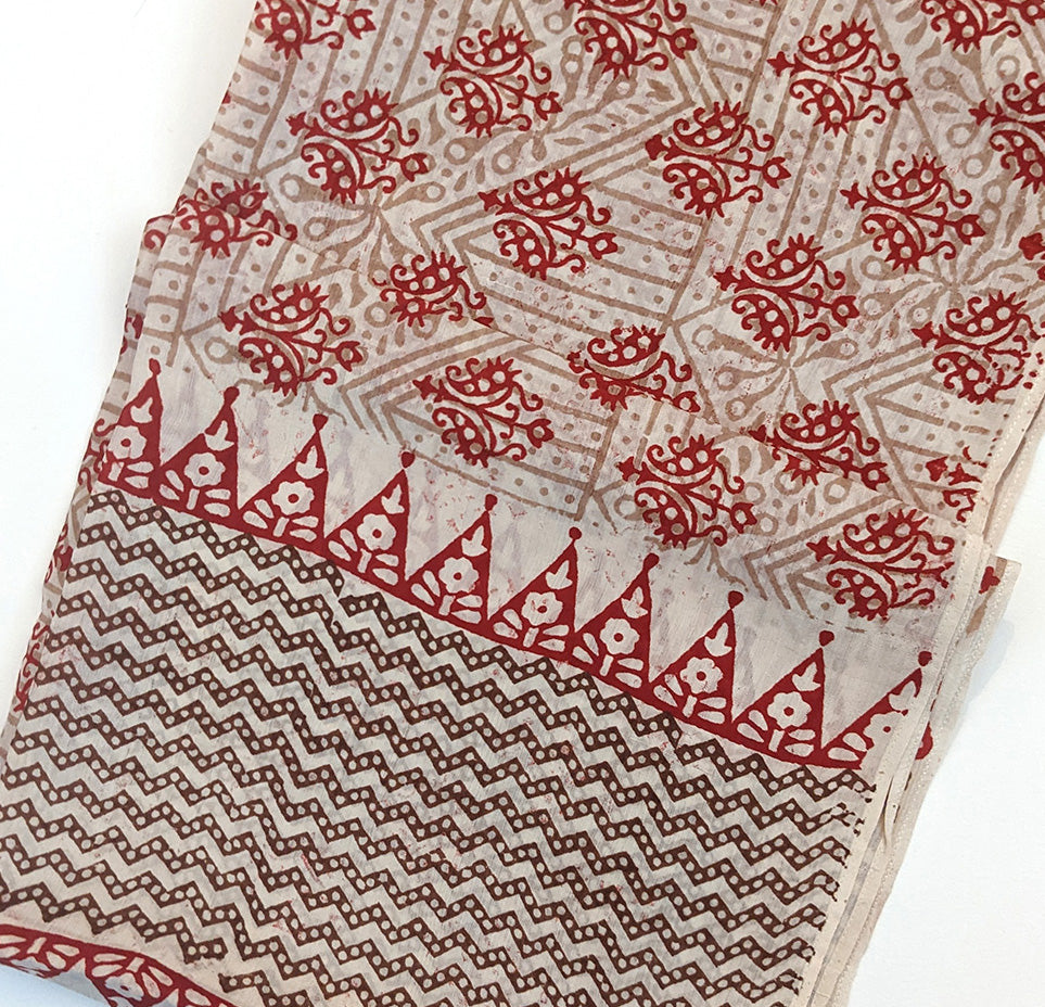Blockprinted Silk Scarf - Red/Tan