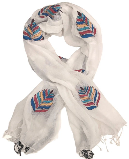 Embroidered Cotton Scarf - White