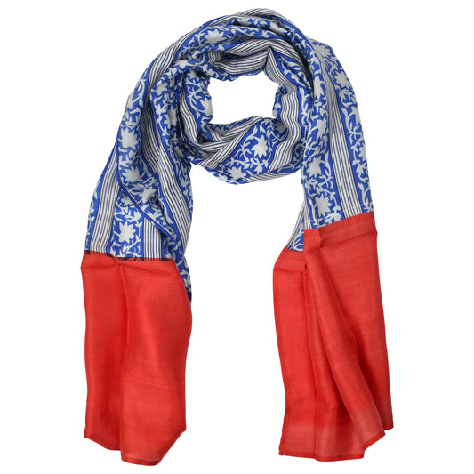 Blue & Red Floral Block-Printed Silk Scarf