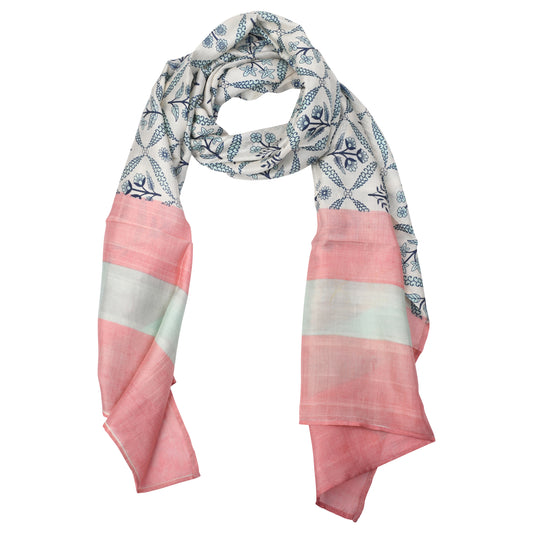 Gray & Pink Floral Block-Printed Silk Scarf