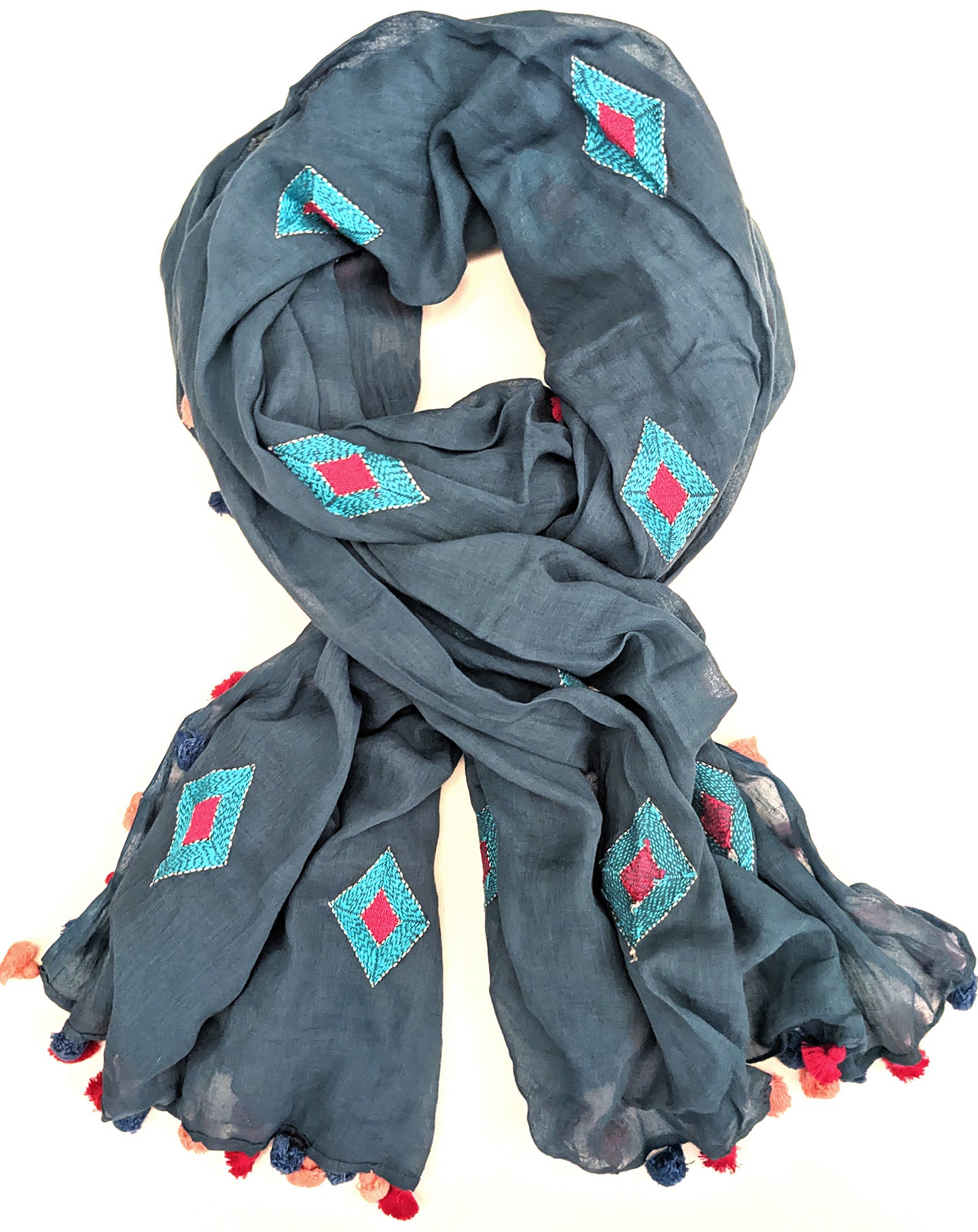 Embroidered Cotton Scarf - Turquoise
