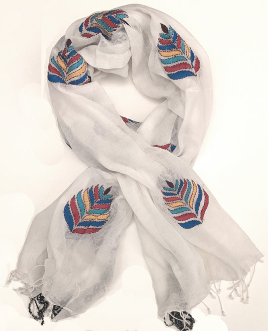 Embroidered Cotton Scarf - White