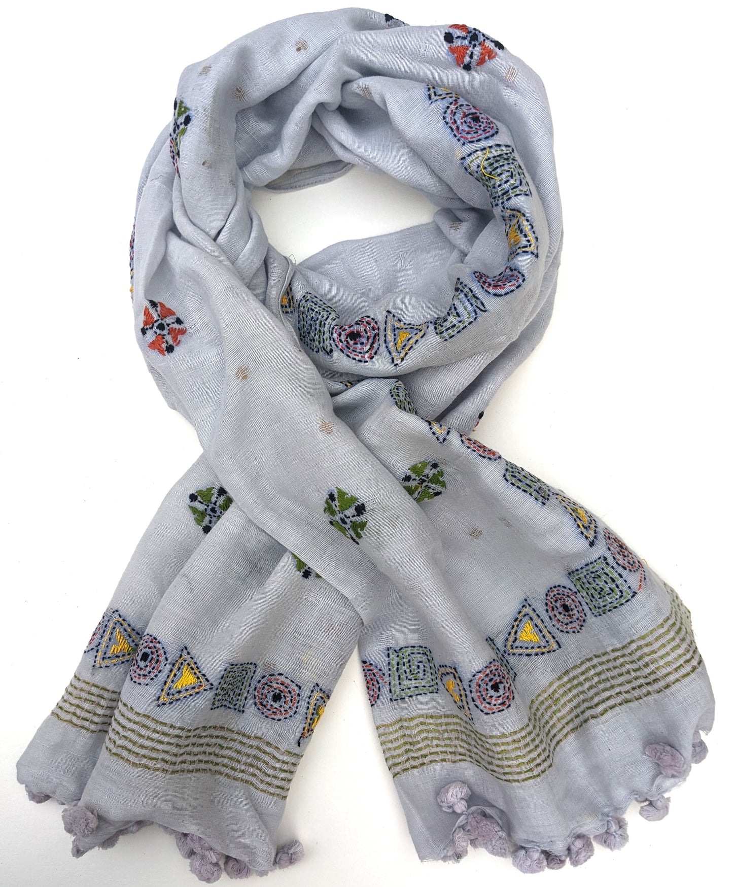 Embroidered Cotton Scarf - Light Blue